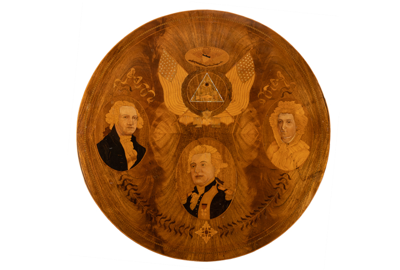 Victorian Marquetry Tea Table with Portraits of George and Martha Washington Commemorating LaFayette’s Visit to the United States. 