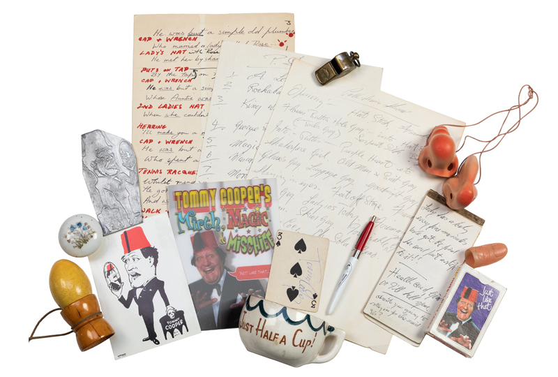 A Collection of Tommy Cooper’s Handwritten Jokes, Memorabilia, and Personal Items.