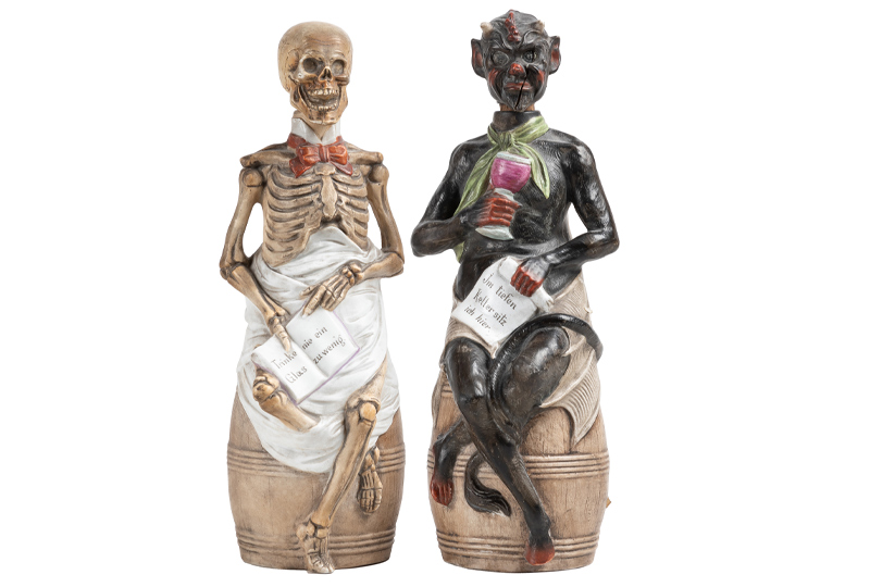 Two German Porcelain Decanters / Skeleton and Devil.